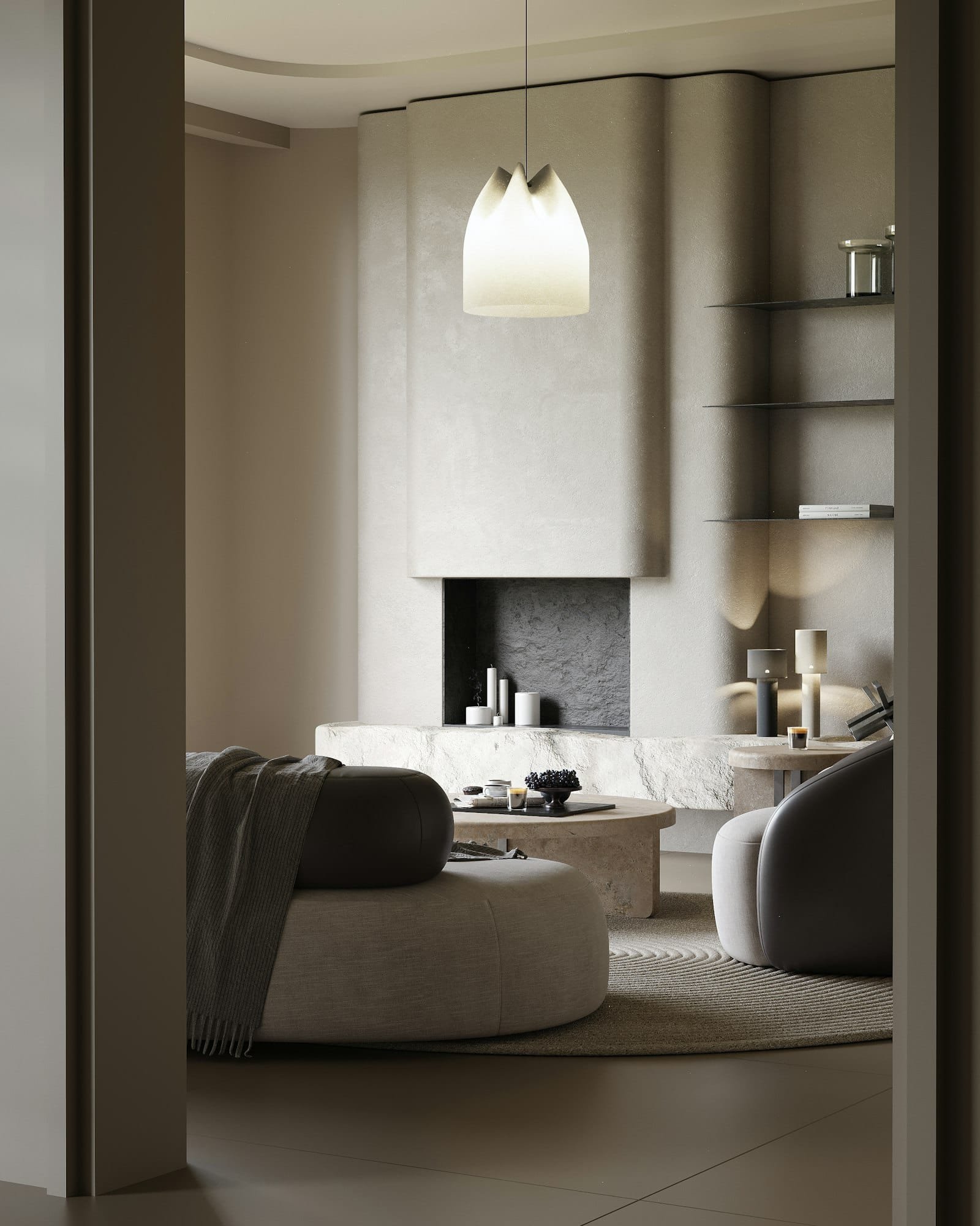 Pendant chandelier over a seating area