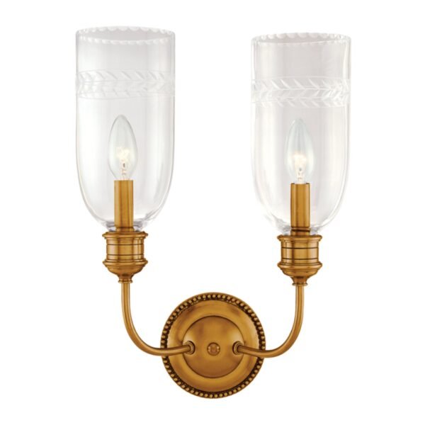 Elvas Double Arm Clear Glass Dome Antiqued Brass Wall Sconce