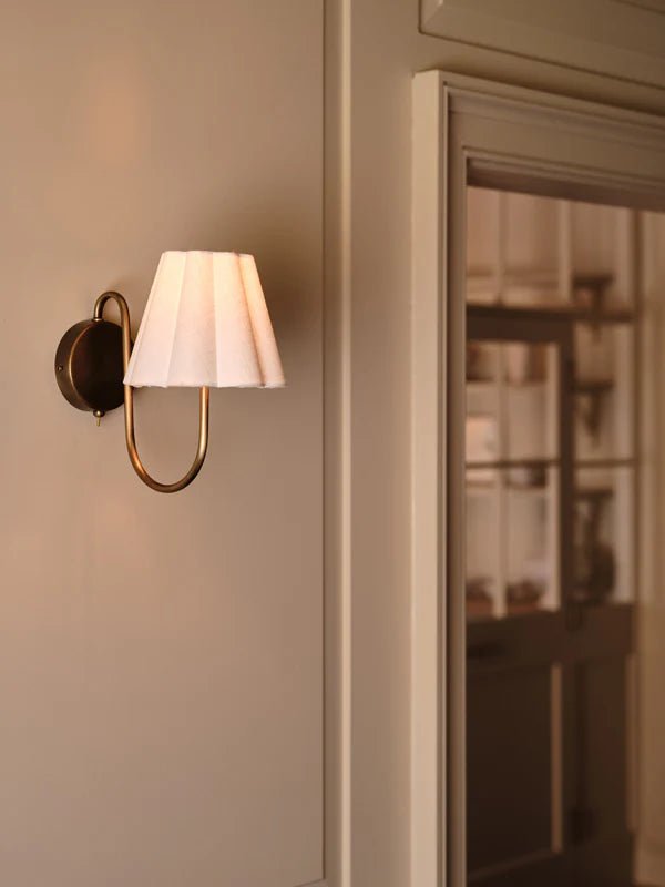 Pinhel Curled Arm Fluted Linen Shade Antiqued Brass Wall Sconce – image 2