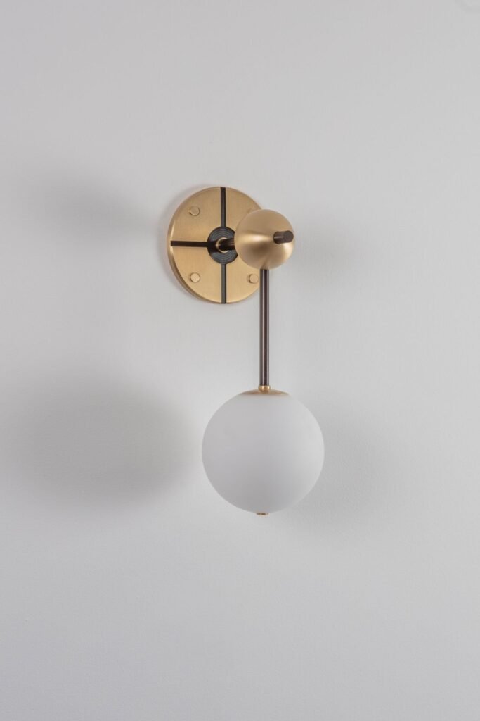 Theologos Cut Patterned Brass Plate Frosted Globe Wall Sconce