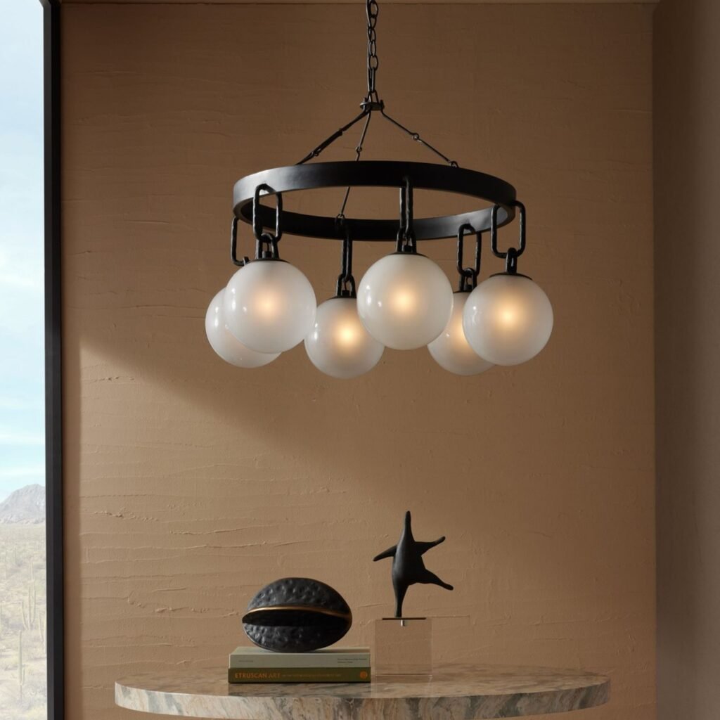 Comares Six Frosted Glass Globe Bronze Ring Chandelier – image 2