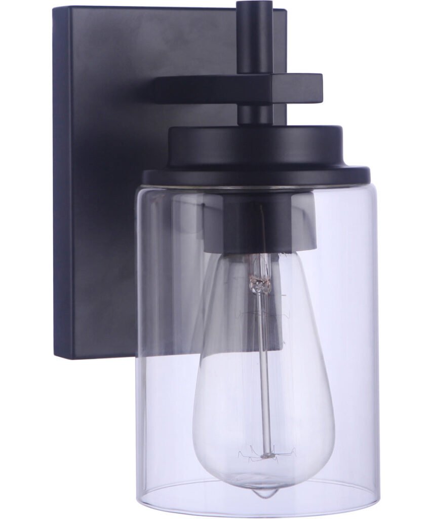 Manganitis Wide Plate Clear Glass Cylinder Black Wall Sconce