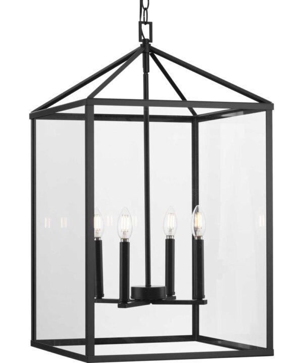Cubelles Clear Glass Panel Black Lantern Chandelier