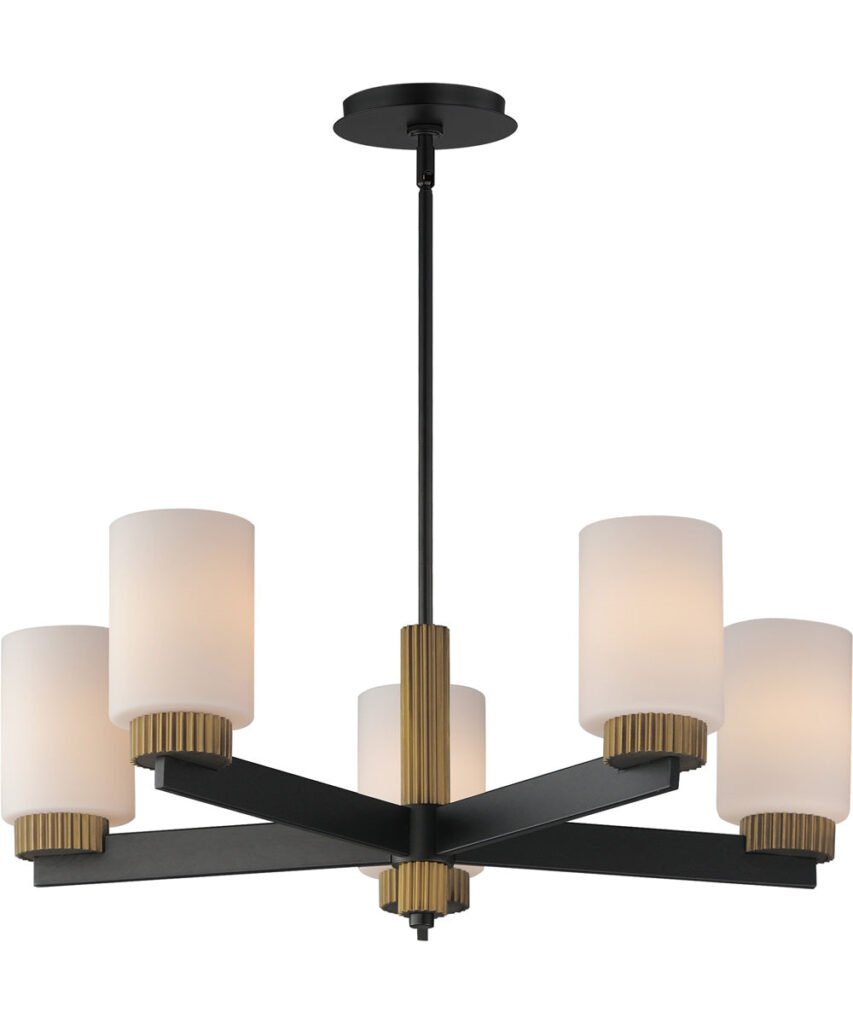Selca Black Antique Brass Five Arm Opal Glass Chandelier