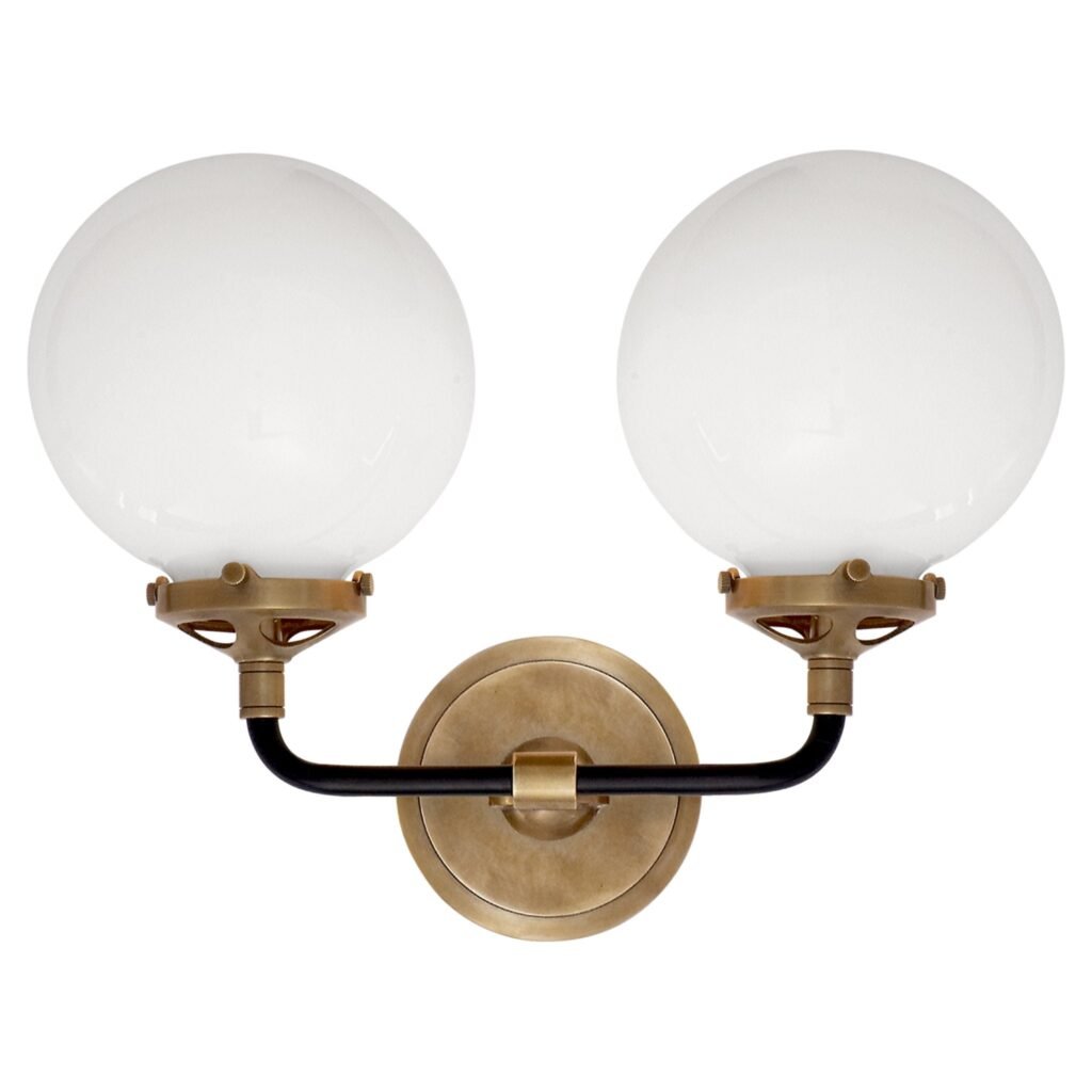 Tolentino Curved Arm Double White Glass Globe Wall Sconce